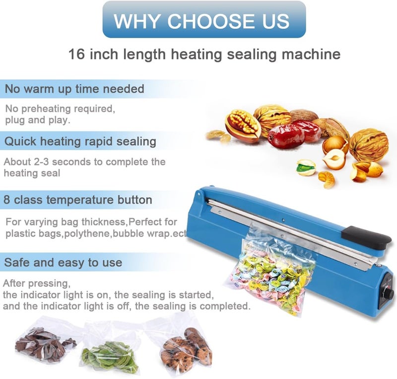 Piwerod 16 Inch Impulse Heat Sealer Machine for Plastic Bags PE PP Bags and Kraft Paper Bag, Cookie Bag Sealer, Manual Poly Bag Hot Seal Sealing Machine with Extra Replace Element Grip - Image 5